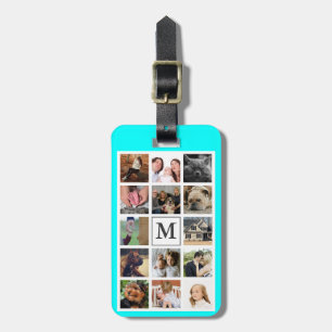 Modern Family Photo Collage & Cyan   Monogram Luggage Tag
