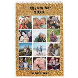 Modern Family Photo Collage Gold Glitter Custom Calendar