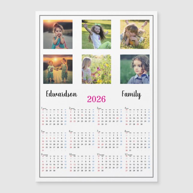 Modern family photo collage magnetic 2026 calendar (Front)