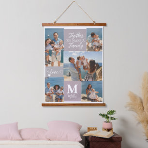 Modern FAMILY Photo Collage Monogram Name 5 photos Hanging Tapestry