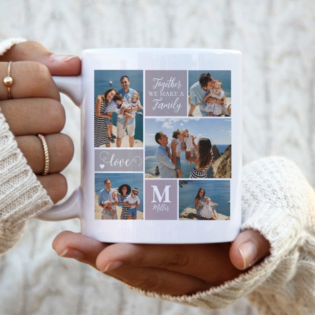 Modern FAMILY Photo Collage Monogram Name 5 photos Two-Tone Coffee Mug (Creator Uploaded)