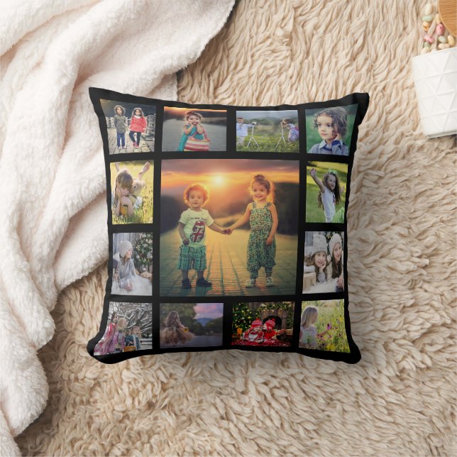 Modern family photo collage monogram name black th cushion (Blanket)