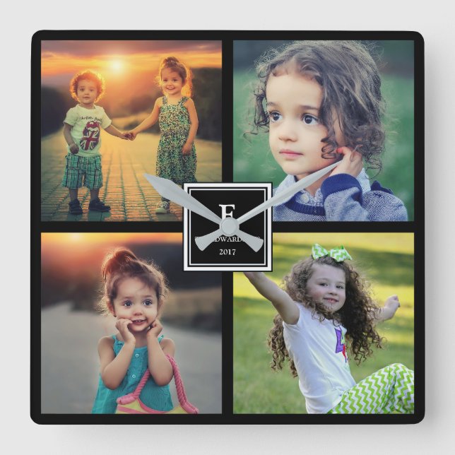 Modern Family photo collage monogram name Square Wall Clock (Front)