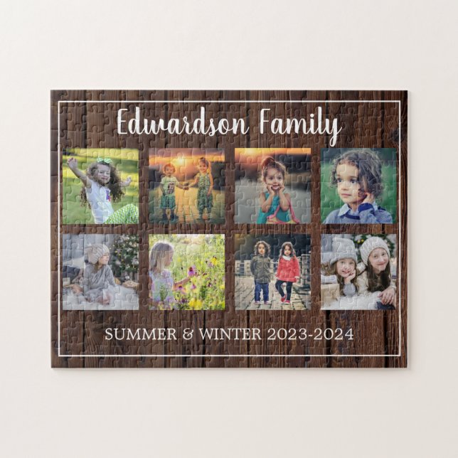 Modern family photo collage monogrammed 8 photos jigsaw puzzle (Horizontal)