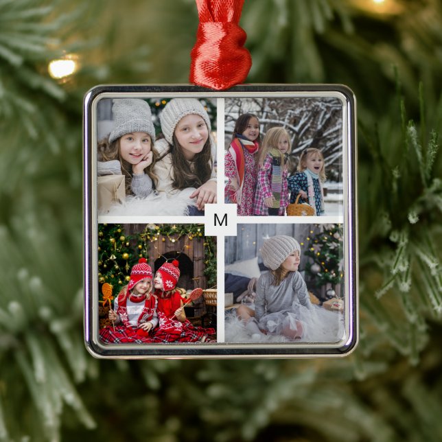 Modern family photo collage monogrammed Christmas Metal Tree Decoration (Tree)