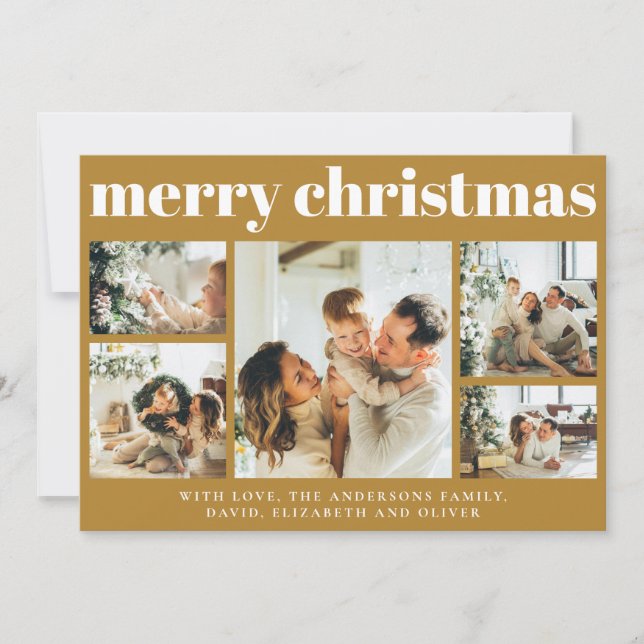 Modern Family Photo Collage Mustard Gold Christmas Holiday Card (Front)