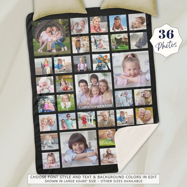 Modern Family Photo Collage Personalised Black Sherpa Blanket (Creator Uploaded)