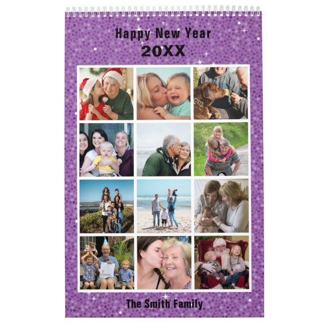 Modern Family Photo Collage Purple Glitter Custom Calendar (Cover)