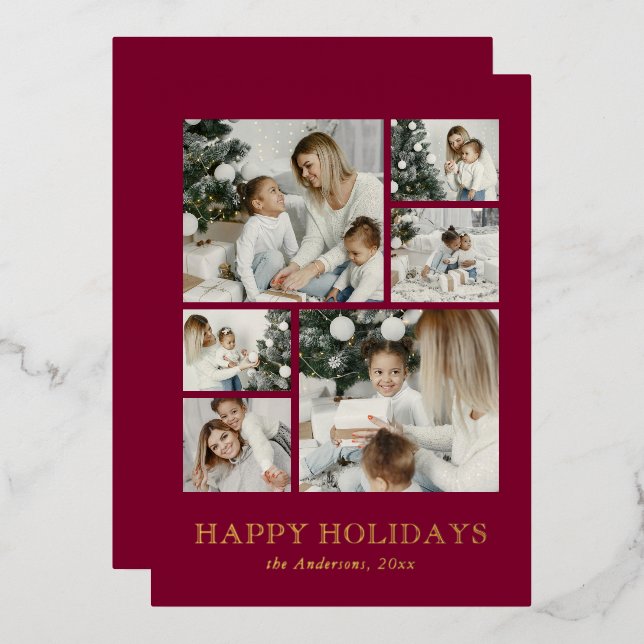 Modern Family Photo Collage Red Christmas Foil Holiday Card (Front/Back)