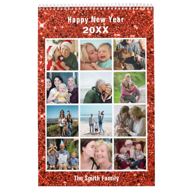 Modern Family Photo Collage Red Glitter Custom Calendar (Cover)