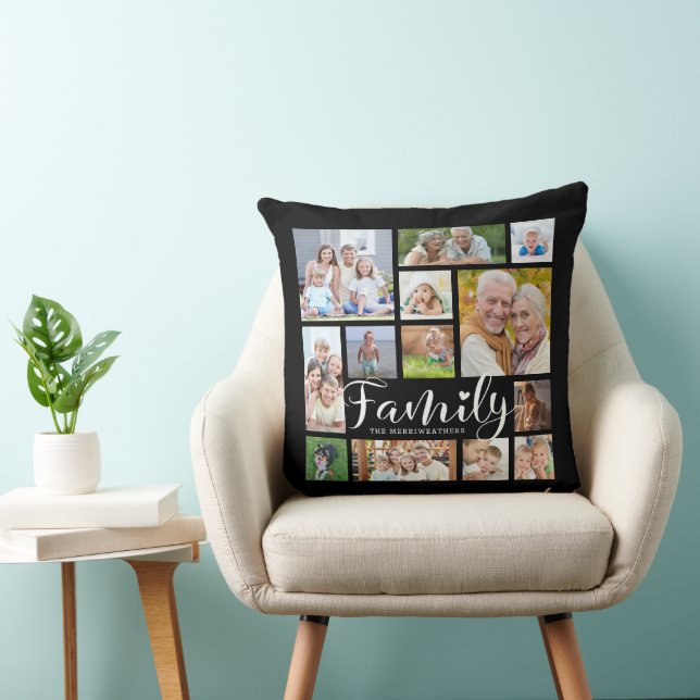 Modern FAMILY Photo Collage Script Heart Black Cushion (Chair)