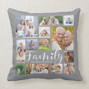 Modern FAMILY Photo Collage Script Heart Grey Cushion