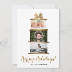 Modern Family Photo Gold Bow Gift Happy Holidays Holiday Card