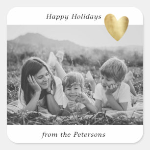 Modern Family Photo Gold Heart Happy Holidays  Square Sticker