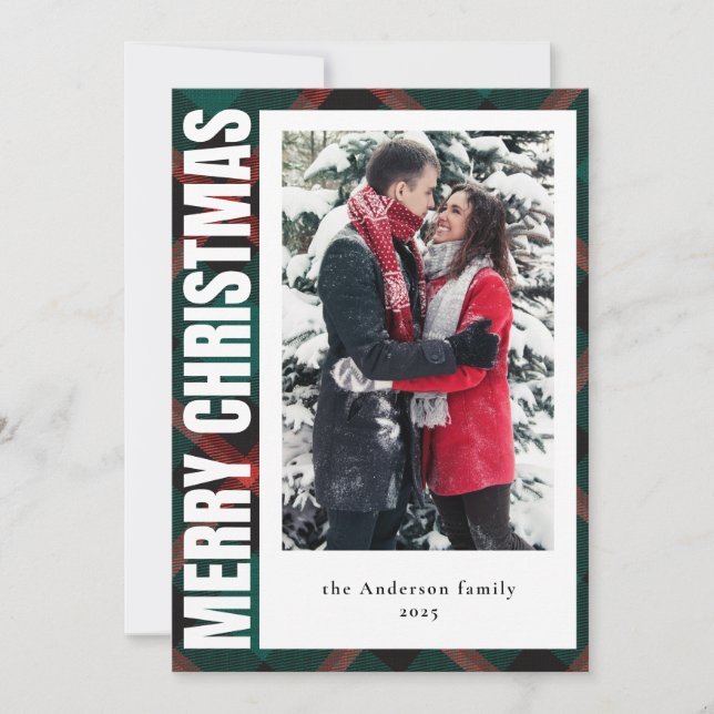 Modern Family Photo Green and Red Plaid Christmas Holiday Card (Front)