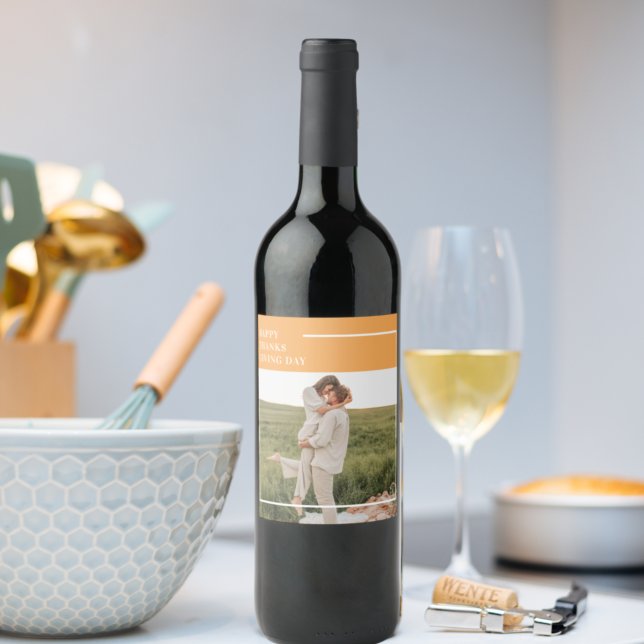 Modern Family Photo& Happy Thanksgiving Day Gift Wine Label (Creator Uploaded)