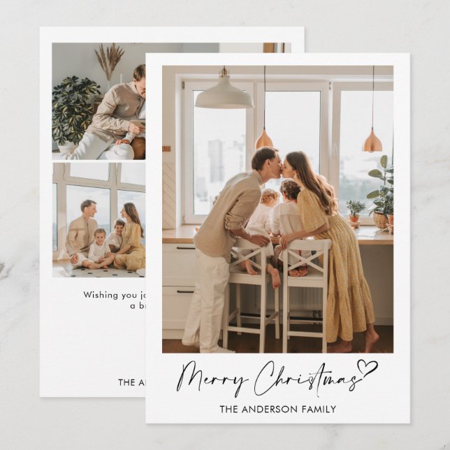 Modern Family Photo Heart Script Merry Christmas Holiday Card (Front/Back)