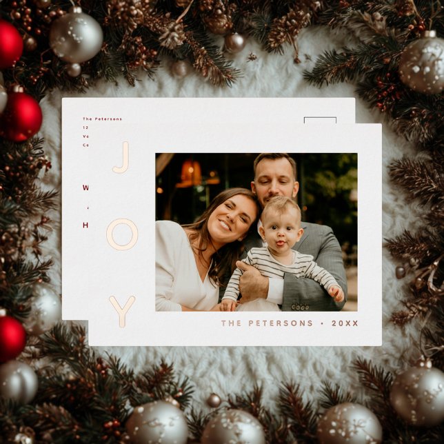 Modern Family Photo Joy Script Message Foil Holiday Postcard (Creator Uploaded)