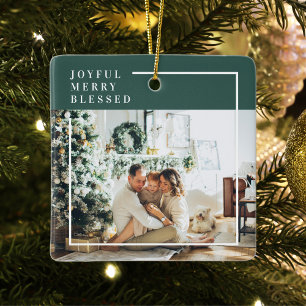 Modern Family Photo   Joyful Merry Blessed   Green Ceramic Ornament