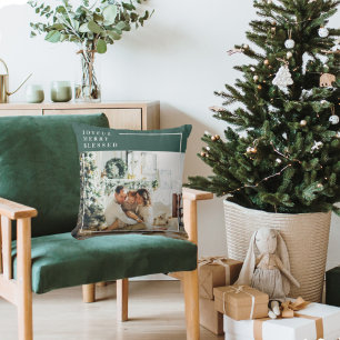 Modern Family Photo   Joyful Merry Blessed   Green Cushion