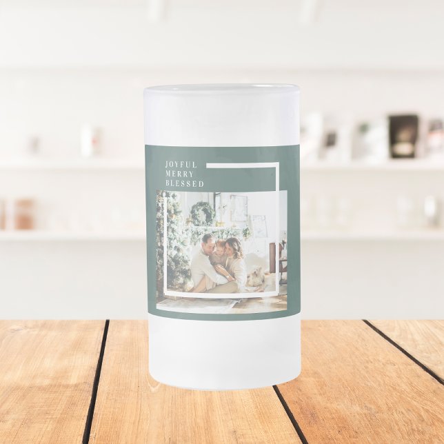 Modern Family Photo | Joyful Merry Blessed | Green Frosted Glass Beer Mug (Creator Uploaded)