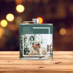 Modern Family Photo   Joyful Merry Blessed   Green Hip Flask