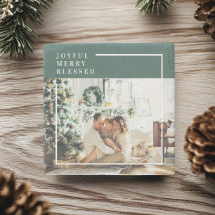 Modern Family Photo   Joyful Merry Blessed   Green Stone Coaster