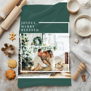 Modern Family Photo   Joyful Merry Blessed   Green Tea Towel