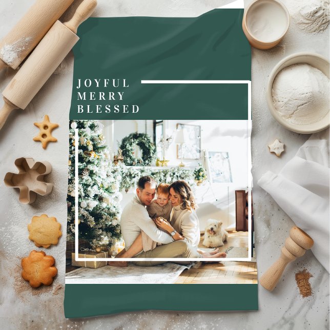 Modern Family Photo | Joyful Merry Blessed | Green Tea Towel (Creator Uploaded)