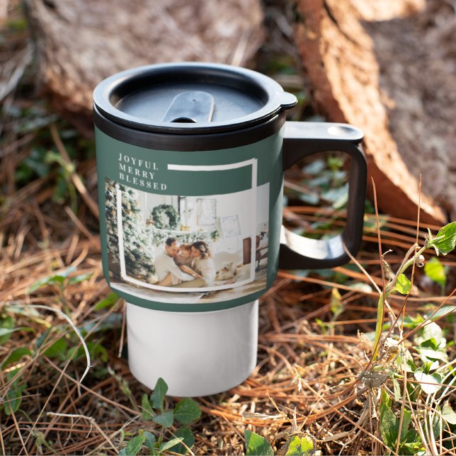 Modern Family Photo | Joyful Merry Blessed | Green Travel Mug (Creator Uploaded)