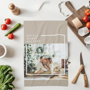 Modern Family Photo   Joyful Merry Blessed  Tea Towel