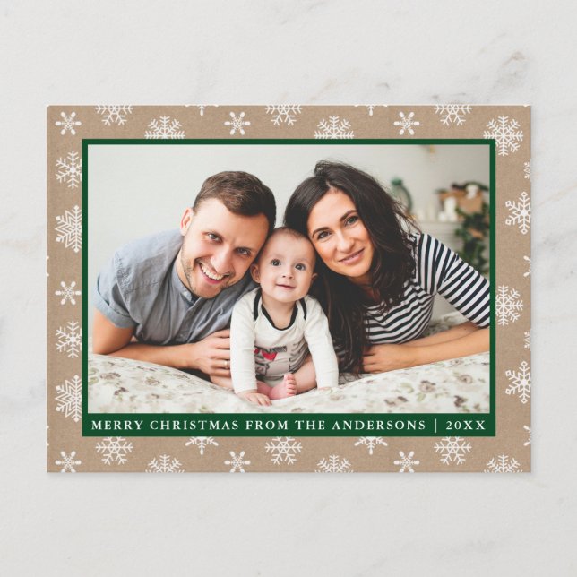 Modern Family Photo Kraft Snowflake Holiday Green Postcard (Front)