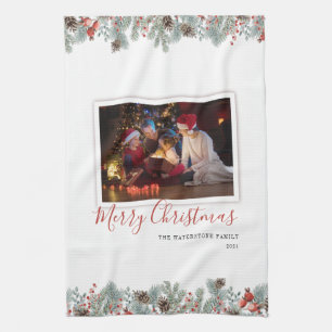 Modern Family Photo Merry Christmas Rustic Tea Towel