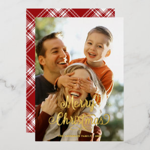 Modern Family photo Merry Christmas Script Tartan Foil Holiday Card