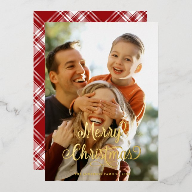 Modern Family  photo Merry Christmas Script Tartan Foil Holiday Card (Front/Back)