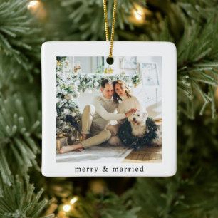 Modern Family Photo  Merry & Married Ceramic Ornament
