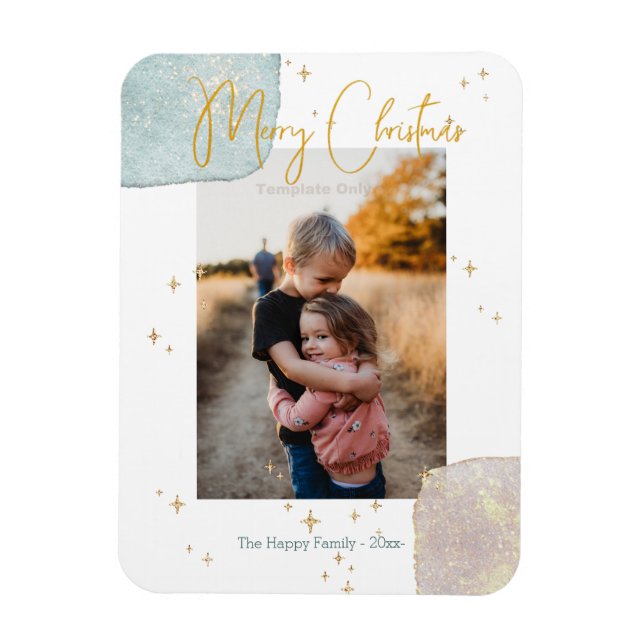 Modern Family Photo Merry Script Gold Watercolor M Magnet (Vertical)