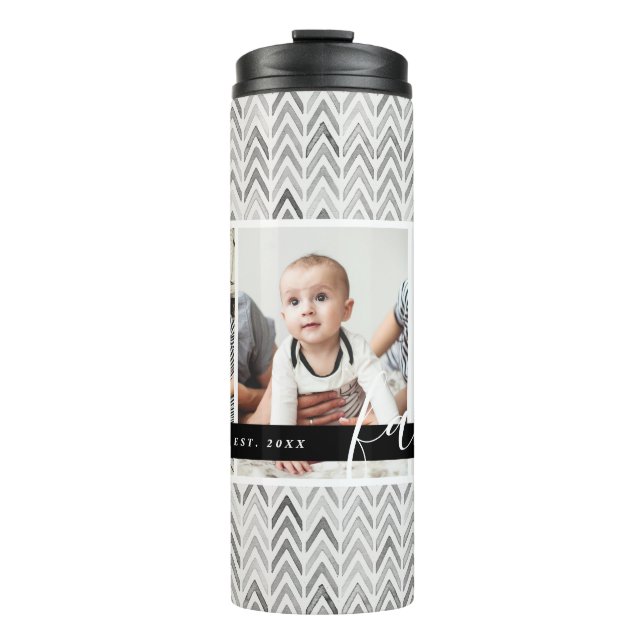 Modern Family Photo Monogram and Established Date Thermal Tumbler (Front)