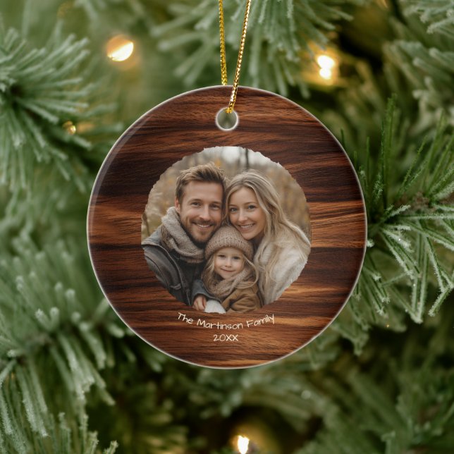 Modern Family Photo on Wood Personalised Christmas Ceramic Tree Decoration (Tree)