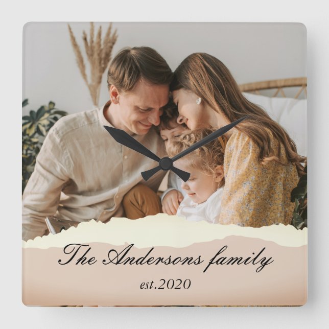 Modern Family Photo & Personalised Name Gift Square Wall Clock (Front)