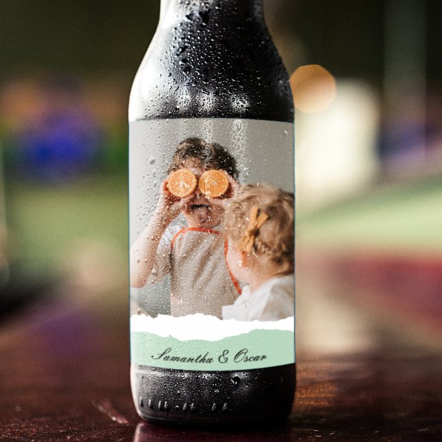 Modern Family Photo & Personalised Name Mint Gift Beer Bottle Label (Creator Uploaded)