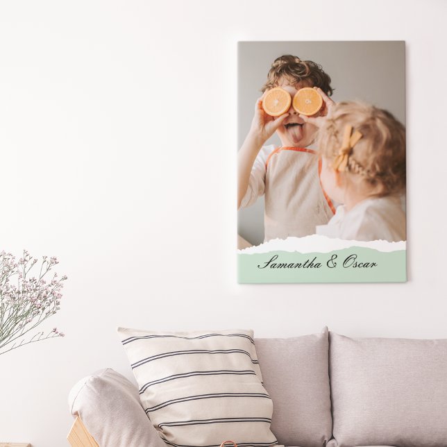 Modern Family Photo & Personalised Name Mint Gift Canvas Print (Creator Uploaded)