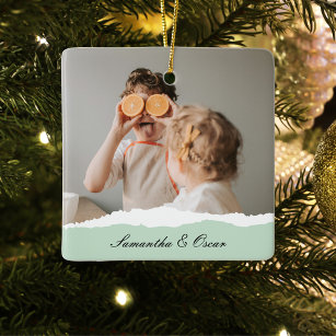 Modern Family Photo & Personalised Name Mint Gift Ceramic Ornament