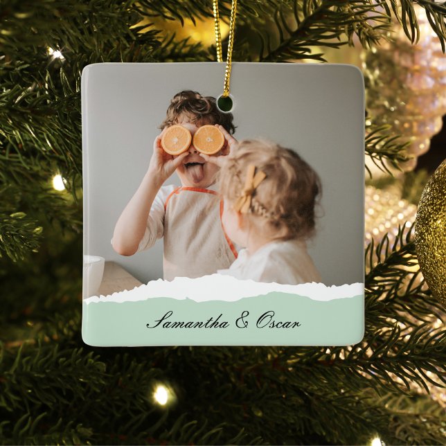 Modern Family Photo & Personalised Name Mint Gift Ceramic Ornament (Creator Uploaded)