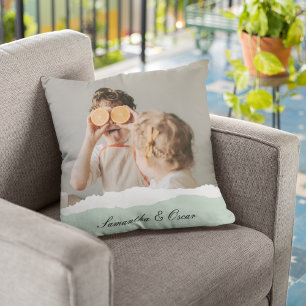 Modern Family Photo & Personalised Name Mint Gift Cushion