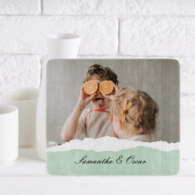 Modern Family Photo & Personalised Name Mint Gift Cutting Board (Creator Uploaded)