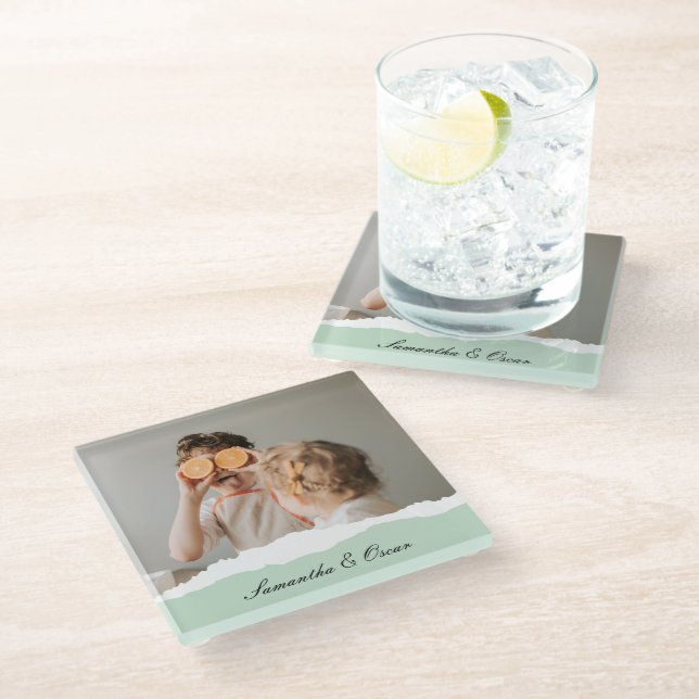 Modern Family Photo & Personalised Name Mint Gift Glass Coaster (Angled)