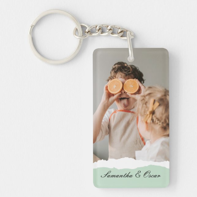 Modern Family Photo & Personalised Name Mint Gift Key Ring (Front)