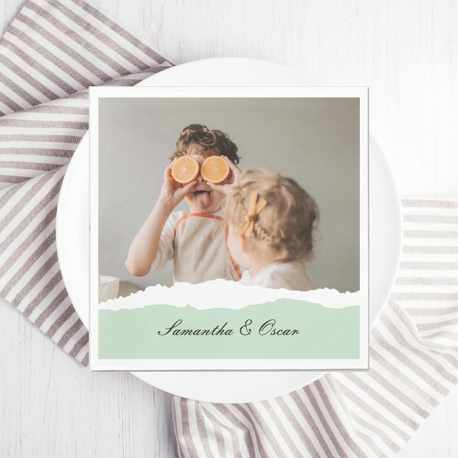Modern Family Photo & Personalised Name Mint Gift Napkin (Creator Uploaded)