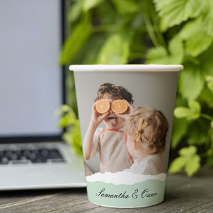 Modern Family Photo & Personalised Name Mint Gift Paper Cups